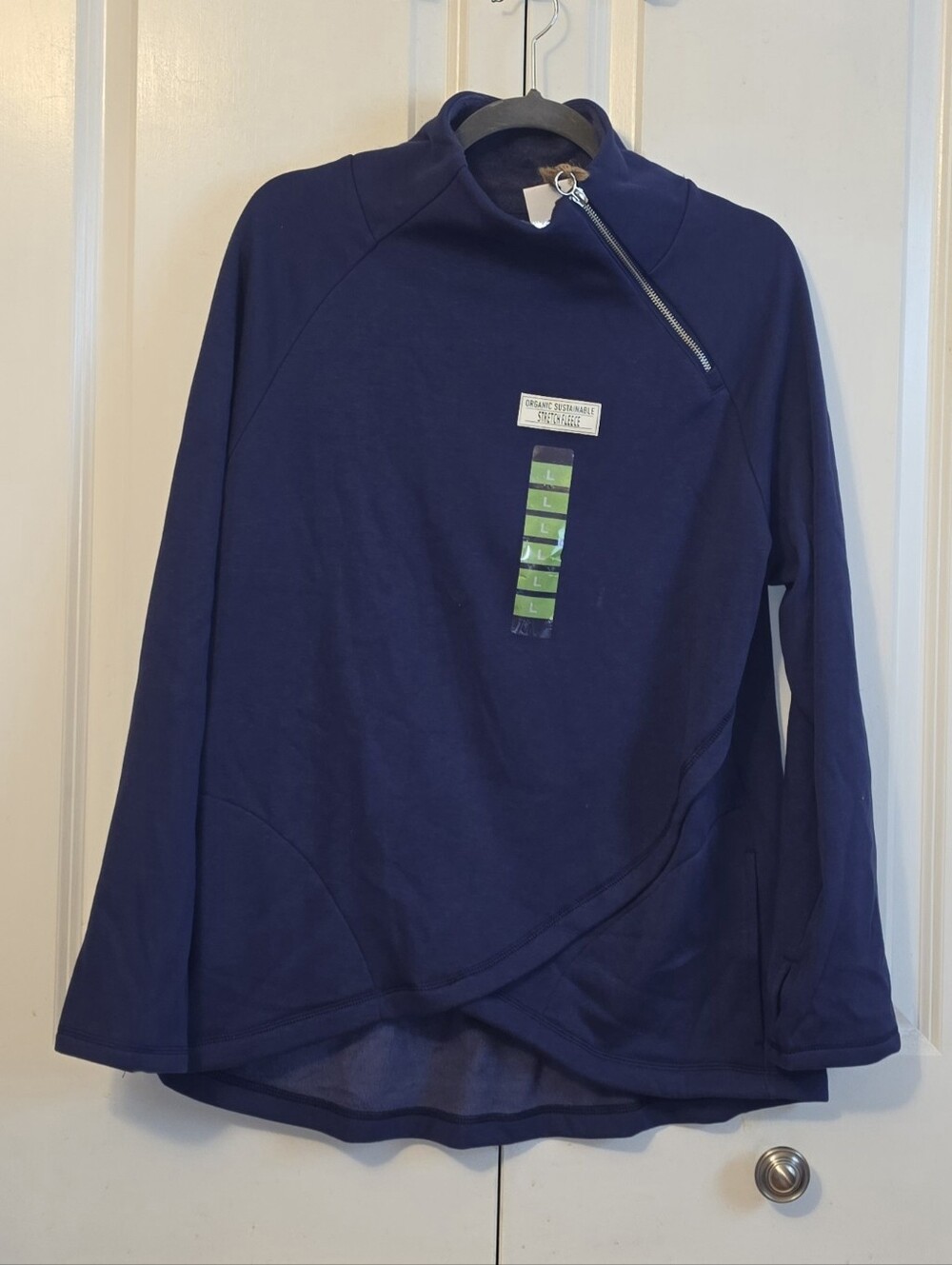 Earth Yoga sz Large Dark Blue Stretch Fleece Organic Sustainable Womens Top NWT